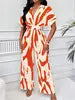 2025 Fashion Frühling Sommer Neue High Waist Kurzarm Jumpsuits Weites Bein Hosen Overalls Damen Bedruckter Sommer Lockerer Jumpsuit