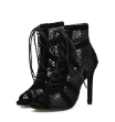 Bottes de danse latine de haute qualité en maille noire et daim, sandales sexy à lacets et talons hauts, fabriquées en usine.