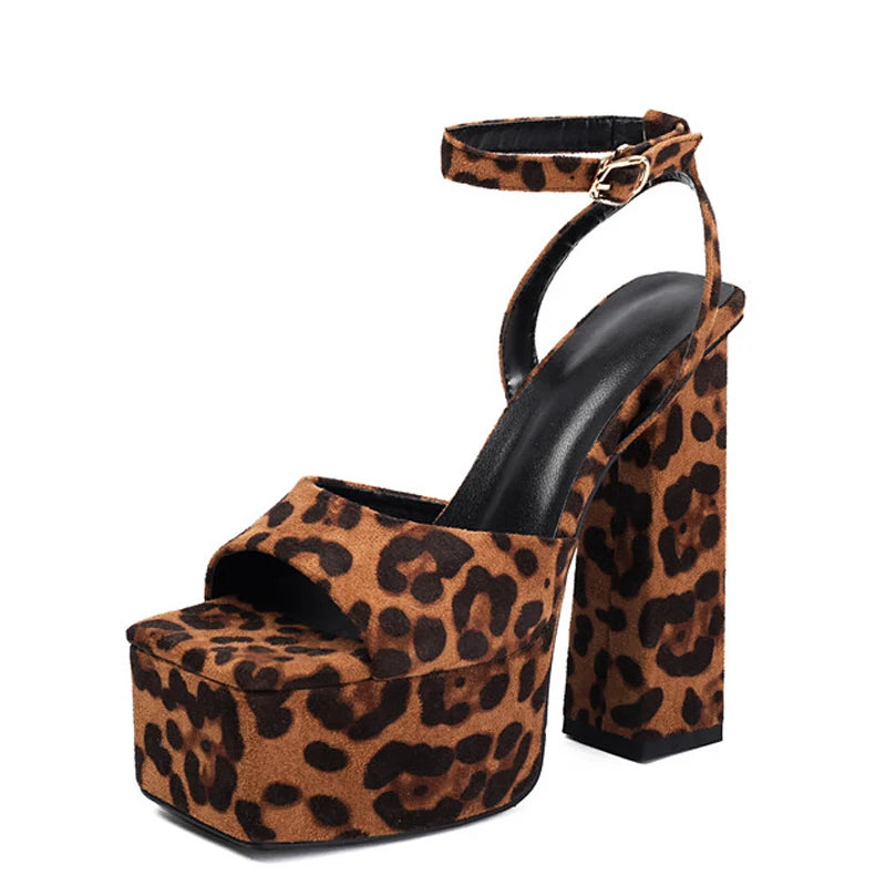 Sandales épaisses à plateforme pour femmes à bout carré en cuir verni, talons épais et hauts, brides de cheville, chaussures d'été à imprimé léopard, couleurs personnalisées