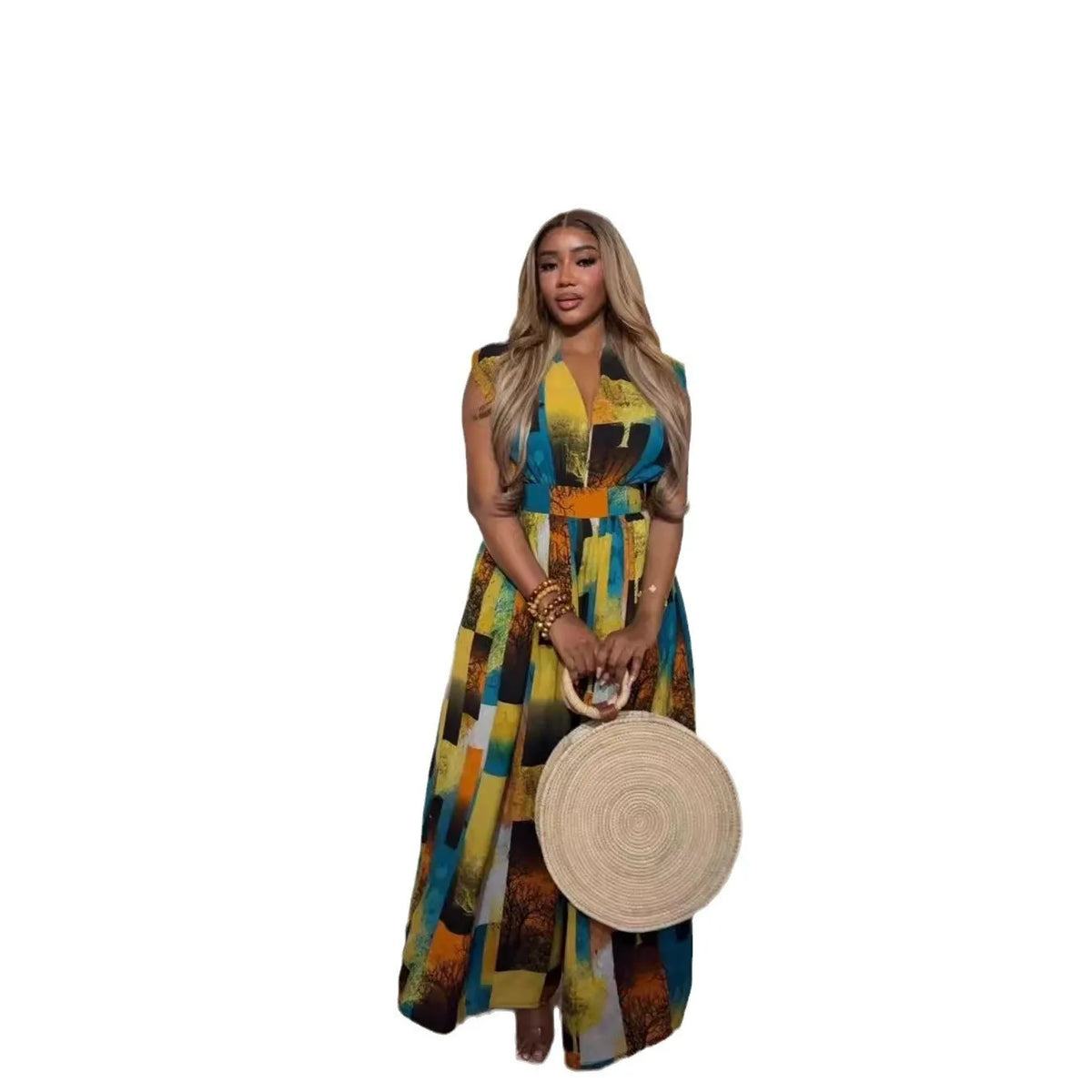 Ärmelloser Jumpsuit mit V-Ausschnitt, bedrucktem Patchwork, atmungsaktiver Strick-Sommer-Jumpsuit für Partys mit Knopfdekoration