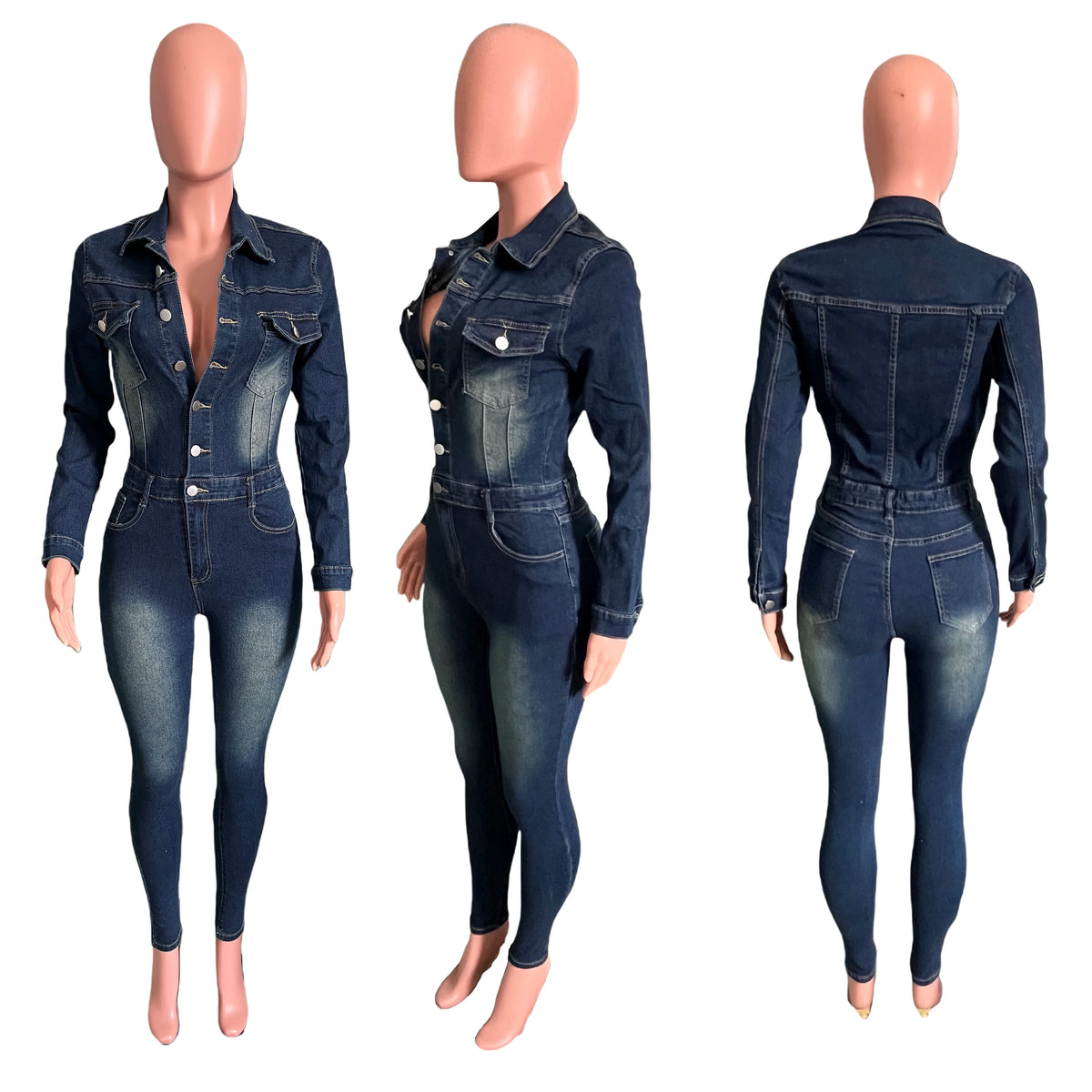 Lässiger Retro-Langarm-Jeans-Jumpsuit für Damen, Neckholder-Strumpfhose für Sommerpartys, gestrickter Stoff, bedrucktes Design, Skinny One-Piece