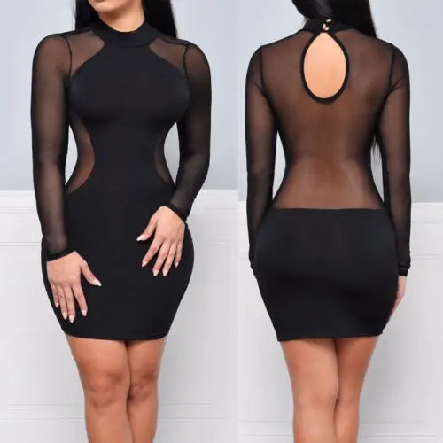 Sommerkleider Neue Damen Sommer Lässig Langarm O-Ausschnitt Rückenfrei Kleid Sexy Spitze Durchsichtig Minikleid S-XL