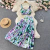 ANSZKTN et le style de vacances américain ANSZKTN Print Suit Femme Courte Bretelle Haut Jupe Plissée Ensemble