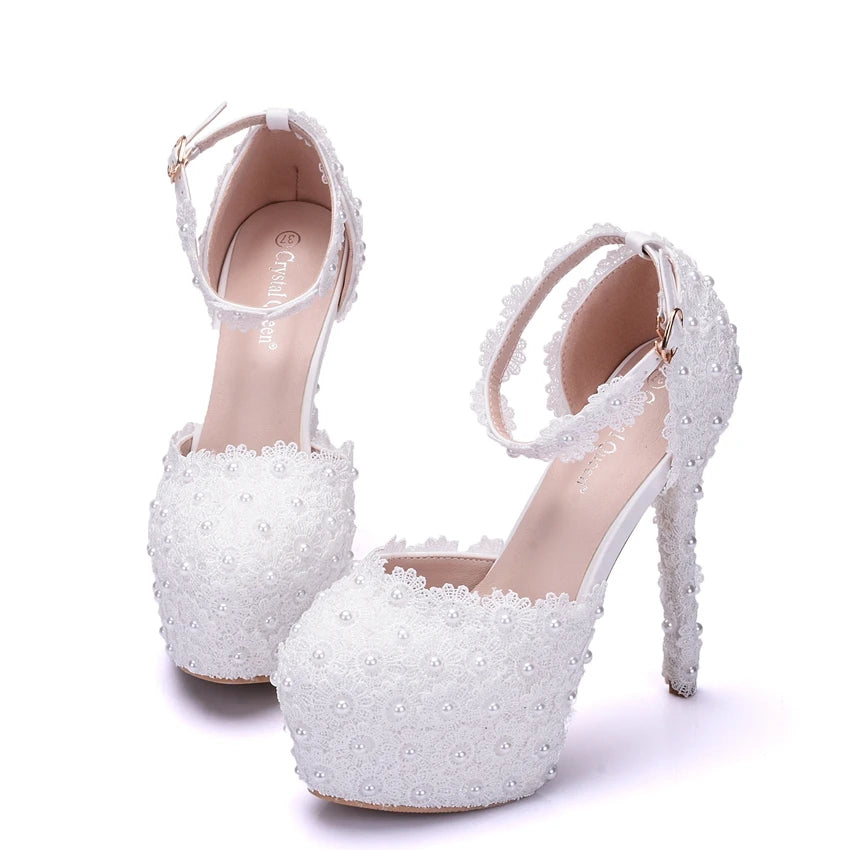 BS048 Chaussures à talons hauts en dentelle blanche Plateforme Escarpins Fête Mariage Talons blancs Sangles de cheville Sandales femme Chaussures de demoiselle d'honneur