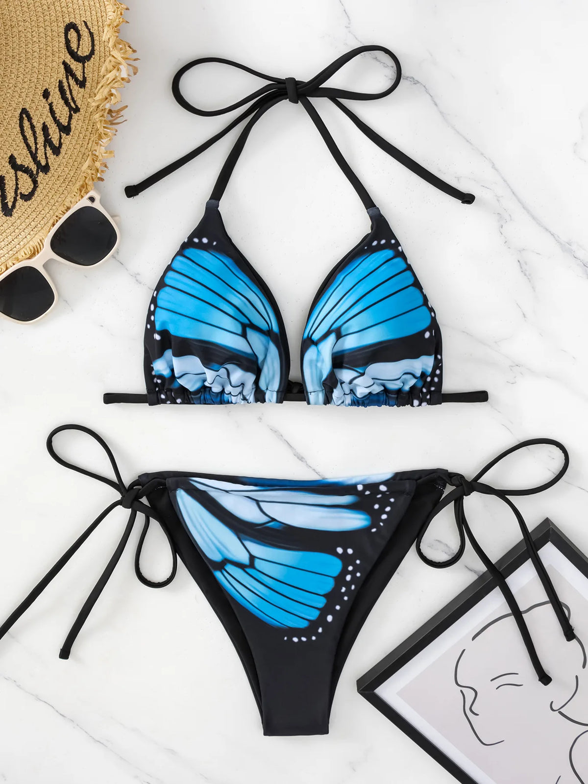 YWZY-ZH313 N Damen Halter Bikini Sexy Schmetterlingsdruck Mode Strandbekleidung Umweltfreundliche Bademode Maßgeschneiderter Bikini