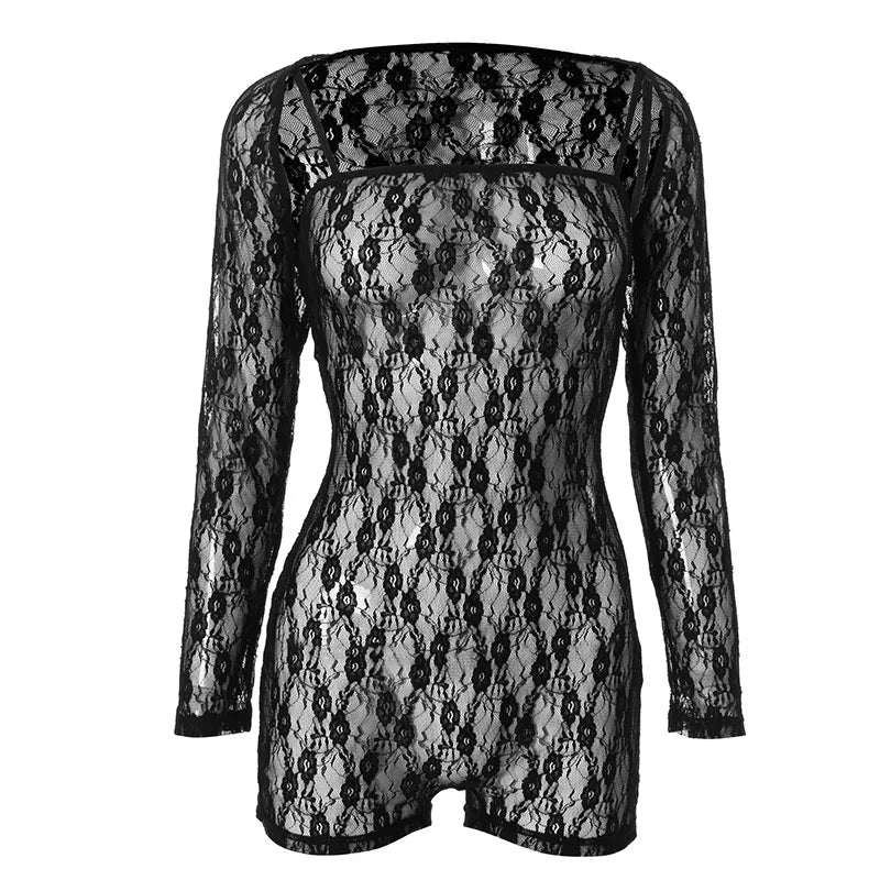 Combinaison Femme Sexy Creuse Manches Longues Élastique Taille Haute Printemps Mode Résille Dos Nu Bas Collants
