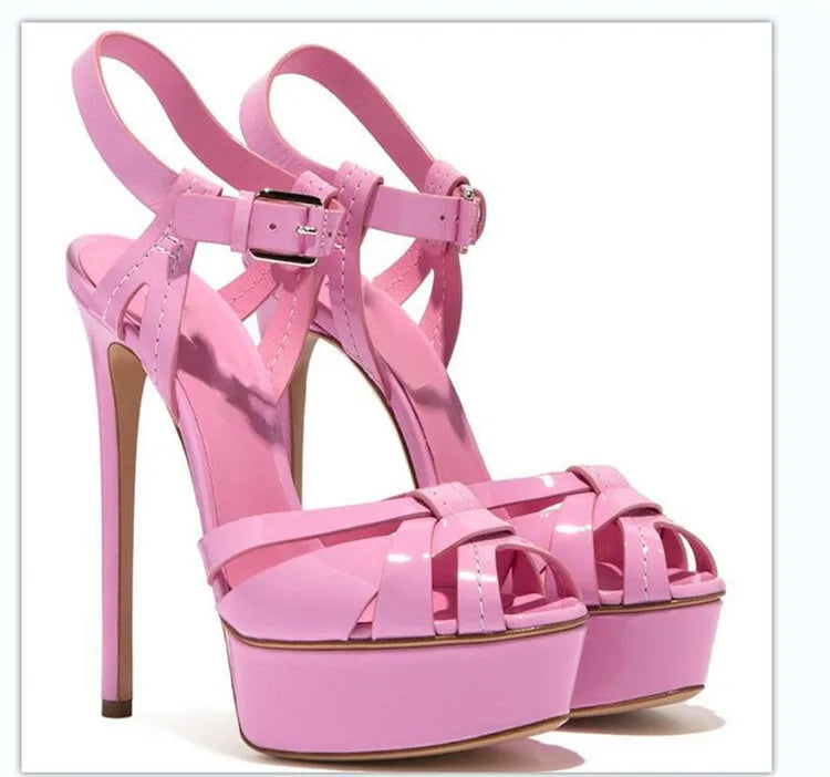 Sandales d'été sexy à lanières et à talons hauts compensés en cuir PU doré avec plateforme et bout ouvert
