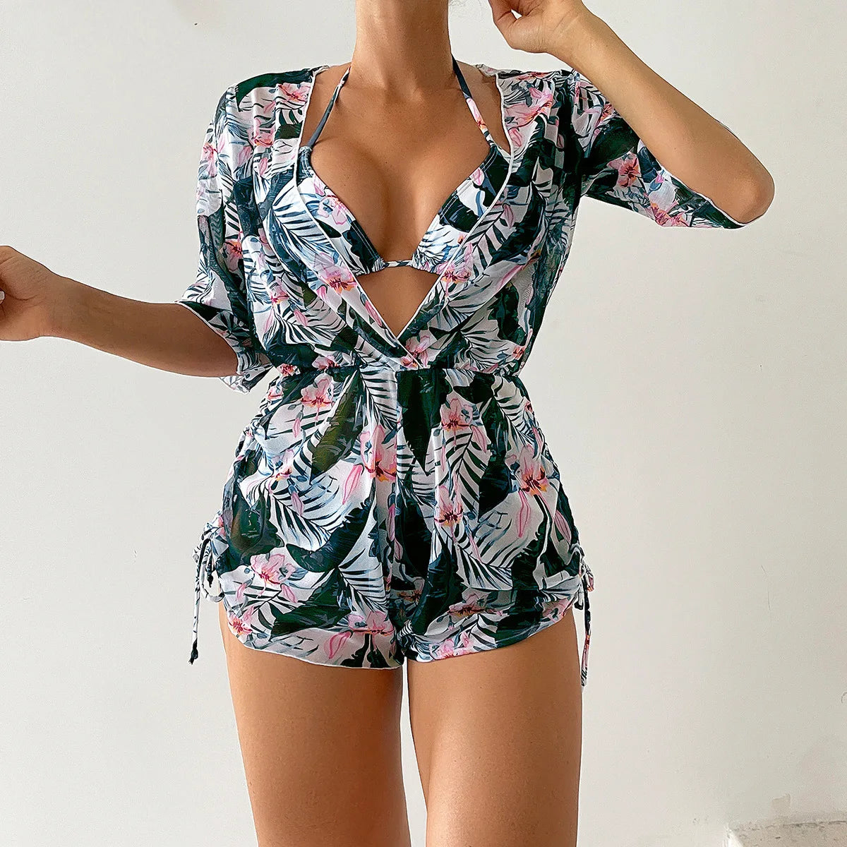 S-XL Bikini Trois Pièces Imprimé Feuille Taille Nouée Maillot de Bain Mode à Manches Longues Protection Solaire pour la Plage Ensemble 3 Pièces