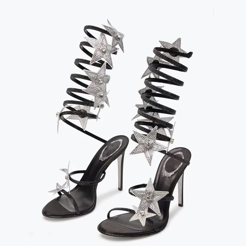 Sandales Stiletto Sexy à Talons Hauts avec Lanières Croisées, Stars Scintillantes, Grande Taille 46, Coupe Large
