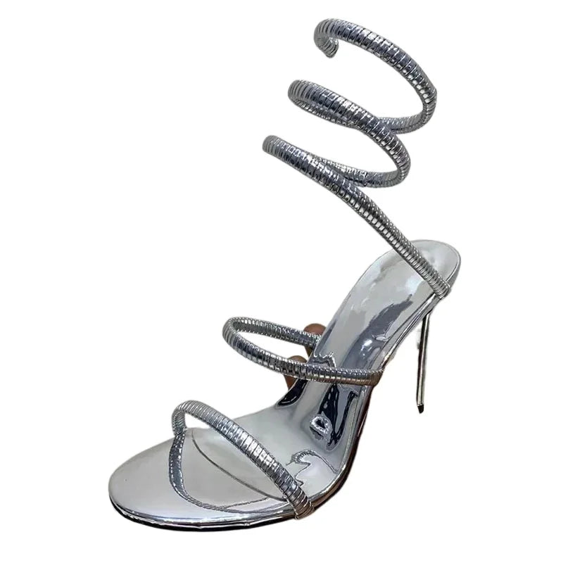 Sandales dorées pour femme à lacets, bout ouvert, talons hauts sexy pour soirée, grandes tailles 42 43 44 45 46