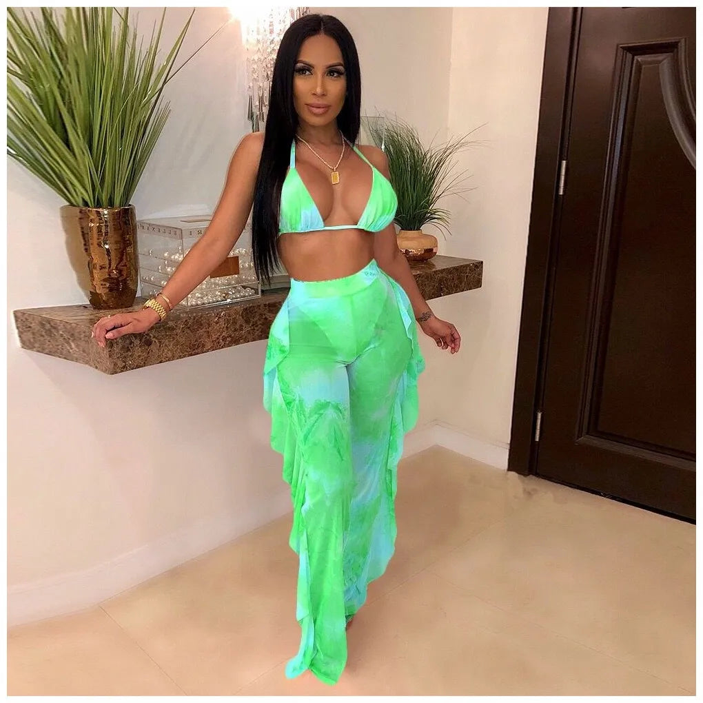 Summer Night Club Bikini Halter Sexy Swimsuits for Women 2Pcs Sheer Sexy 2025 Women Long Pant Bathing Suits