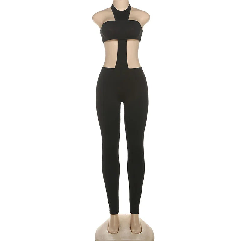 X9068-2026 Trendiger Sommer Slim Fit Hohl Unifarben Ärmelloser Sexy Schwarzer Jumpsuit Damen Club Wear