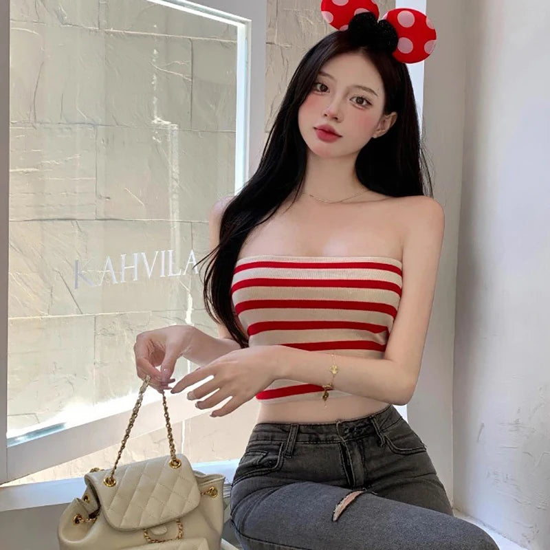 Sommer Sexy Spice Retro Gestreiftes Tank Top Damen Outer Wear Kurze Ärmellose Tops Neues Bustier