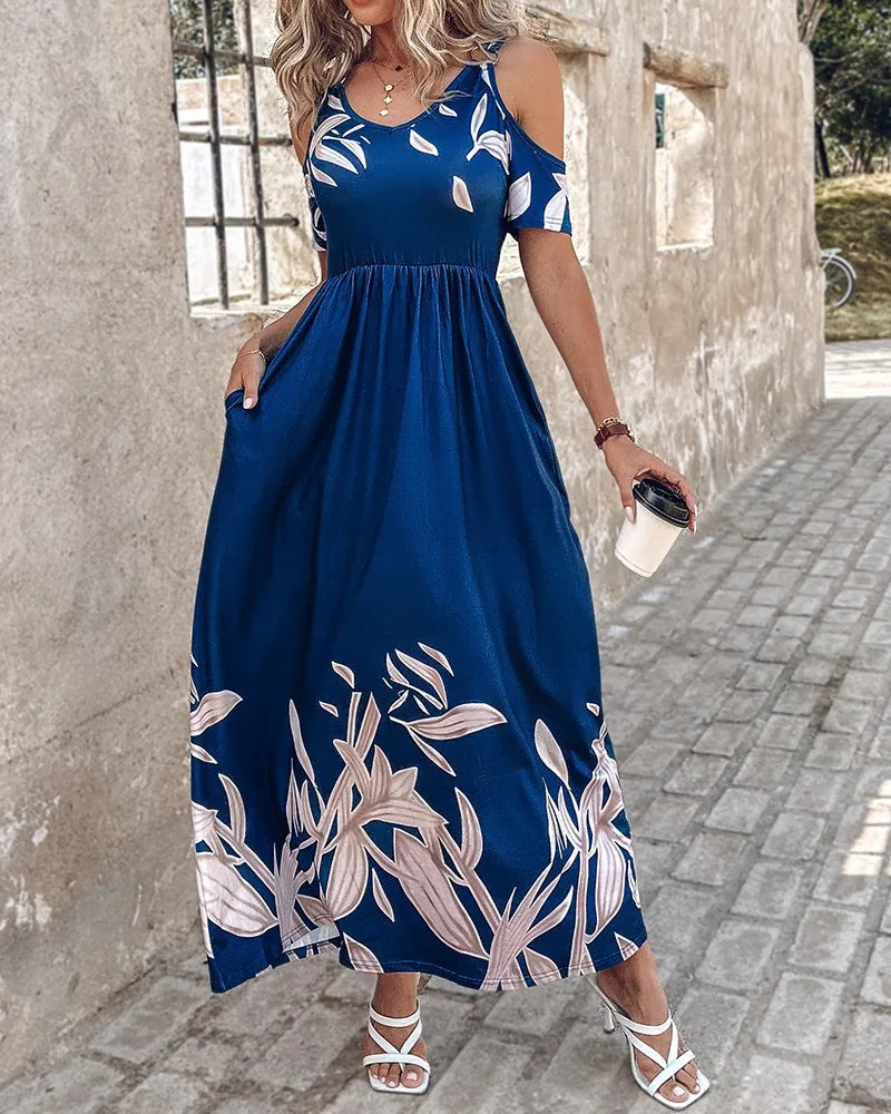 Abito estivo da donna con stampa Moda sexy scollo a V manica corta con spalle scoperte Abiti maxi eleganti casual Clubwear femminile Abito casual