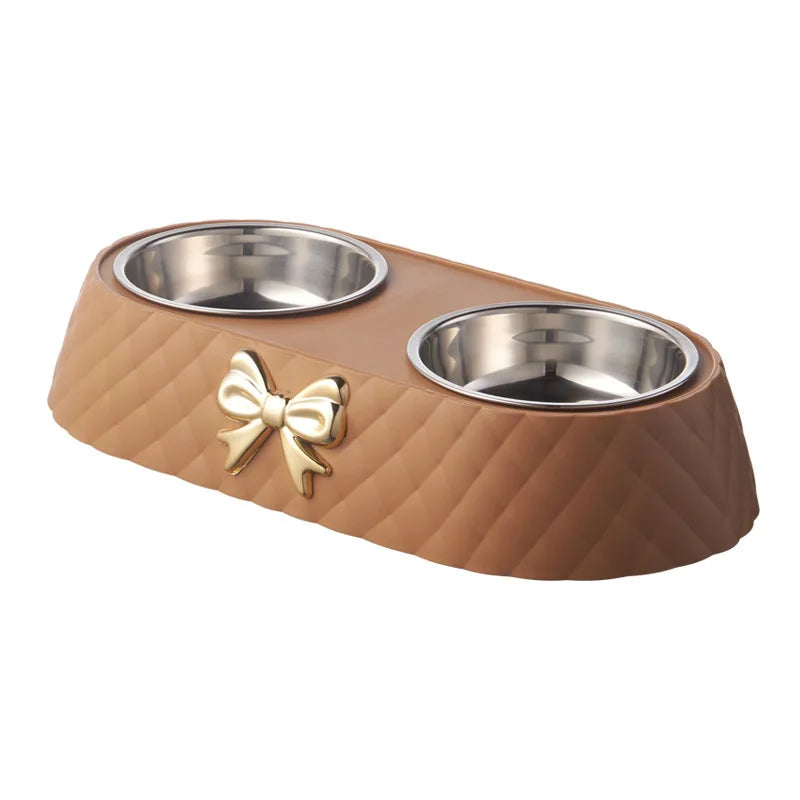 Forniture per animali domestici Papillon Bowknot Ciotola per cibo per gatti Base in PP Ciotola per cani Doppio accessorio per animali domestici in acciaio inossidabile Alimentazione Bere Doppia ciotola