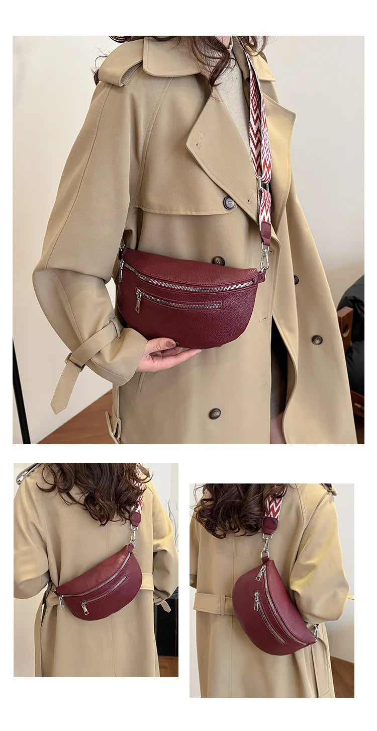 Marsupio da donna Marsupio da strada multitasche Borsa da petto in pelle PU Borsa a tracolla con tracolla larga alla moda Borse a tracolla solide retrò