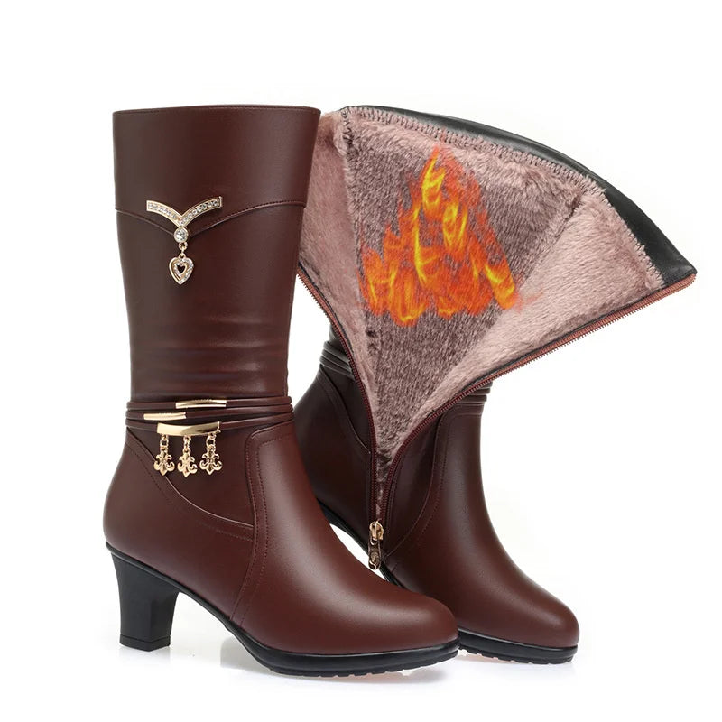 Women Comfortable Fleece Medium Boots Autumn Winter New Style Thick Heel Side Zipper Pointed Fashion High Heels Boots