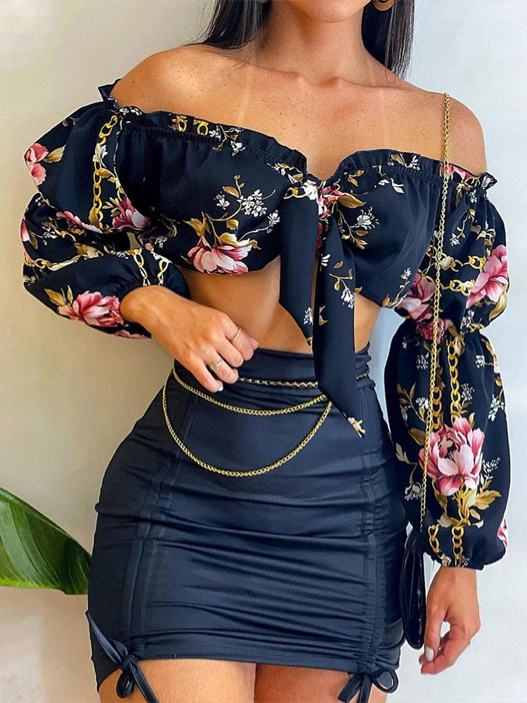 Ensemble deux pièces sexy d'été avec jupe pour femme, haut court chic à col slash et manches lanternes et ensemble robe moulante froncée à motif uni