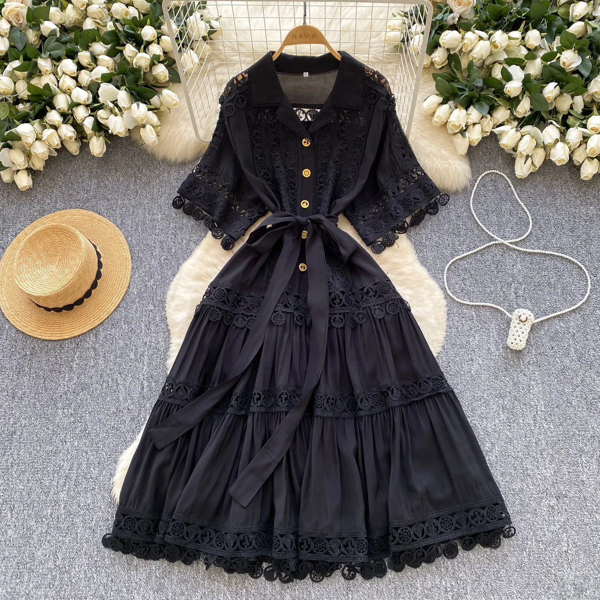Abiti midi scavati di lusso Camicia da donna Vacanza estiva Elegante bottone monopetto Cintura in pizzo Ricamo Vestido lungo da festa