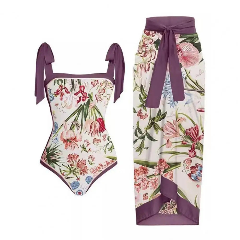 2 pezzi/set costume monokini da donna stampa vintage costume intero con cravatta al collo quadrato con gonna costume da bagno da donna con copertura da spiaggia