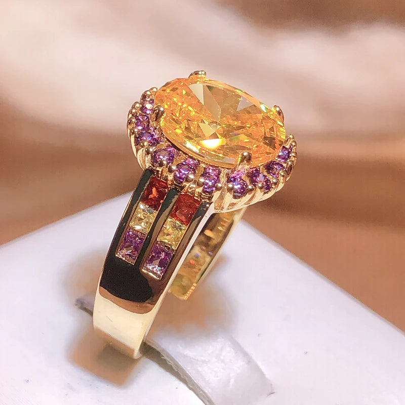 Bague tendance en citrine pour femmes, géométrique, en argent 925, avec pierres ovales, zircon bleu, jaune, rose, pour les fêtes