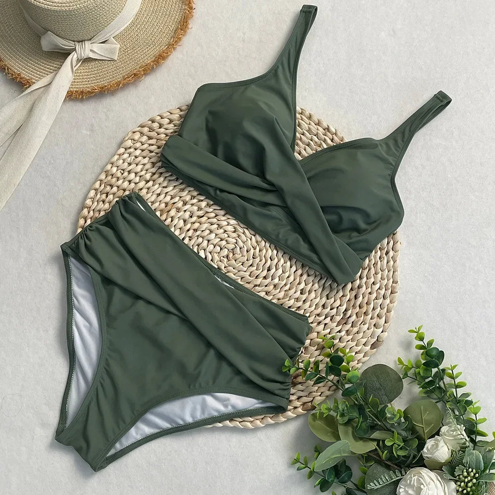 swimsuit ladies Women's High Waist Bikini Sets Sporty Two Piece Swimsuits Solid Colors High Cut Bathing Suits Women Bikini Sets
