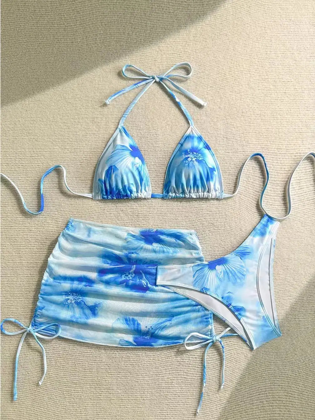 Sexy 3-teiliges Bikini-Set Damen bedruckter Split-Badeanzug Neckholder-Badeanzug mit Cover-Up-Rock Bademode Biquine Brasileiro