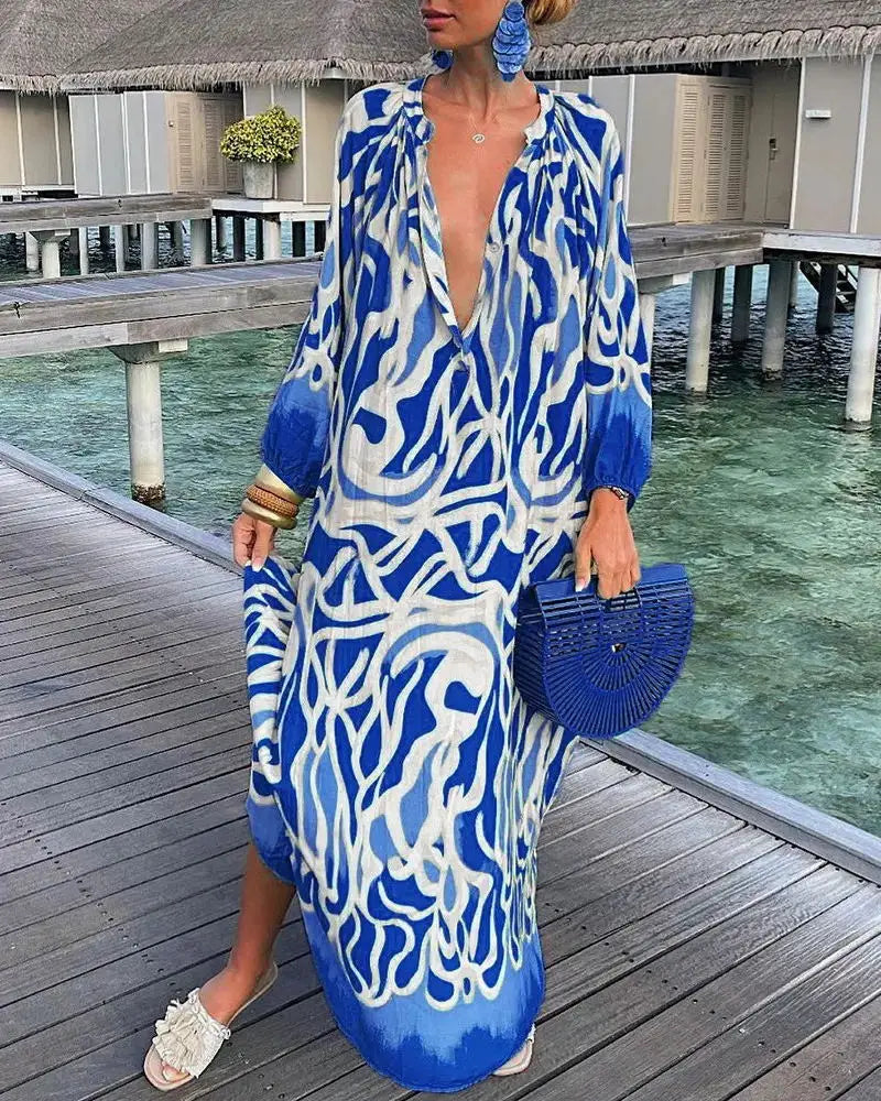 Abiti da donna eleganti 2023 Estate Casual Moda Stampa con scollo a V Allentato Retro Comodo abito maxi Abito femminile S-XXXL