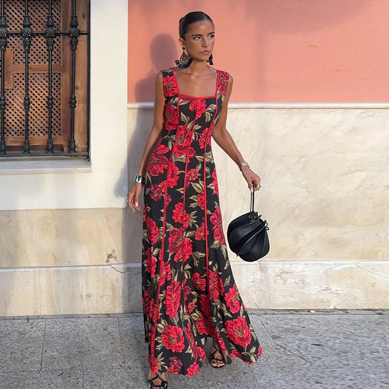 Abito Lungo da Donna con Stampa, Scollo a V, Maniche a Campana, Bordo a Foglia di Loto, Vita Alta, Vestito Maxi Aderente, Elegante Abito da Sera per Feste
