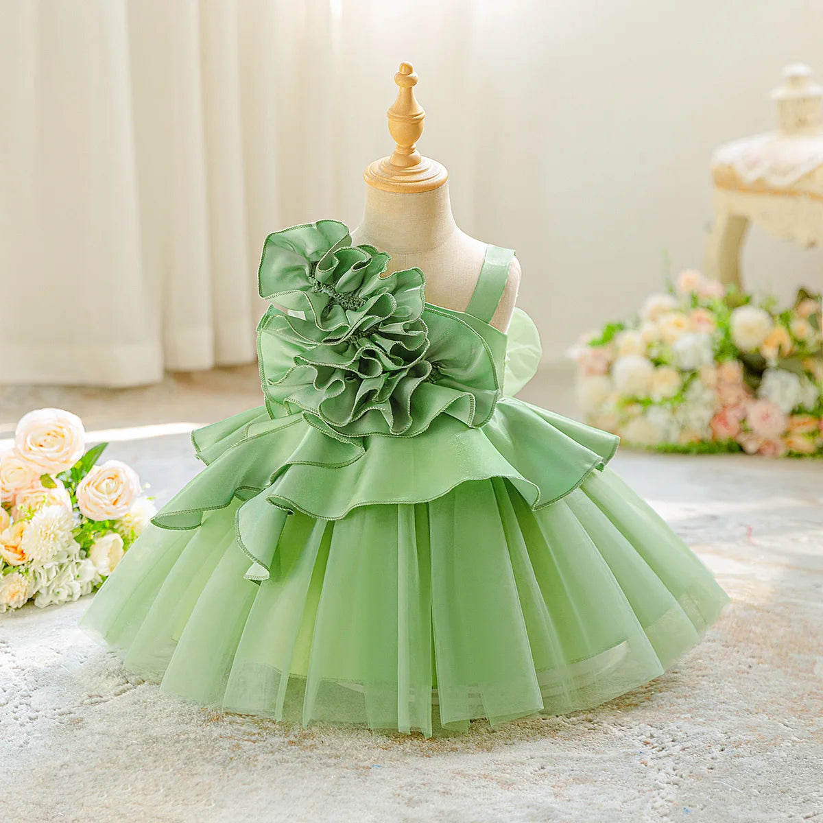 Elegant Fold Flower Party Baby Girl Dresses Toddler Tulle 1st Birthday Princess Dress for Kids Bow Wedding Bridesmaids Prom Gown
