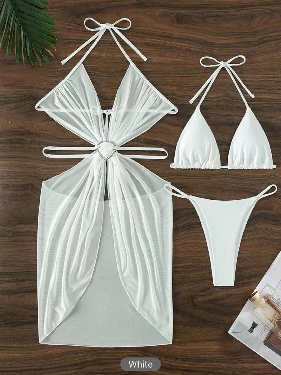 Ensemble bikini 3 pièces à lacets et dos nu 2026 Maillot de bain ajouré Rembourré pour femmes Maillots de bain Maillot de bain de plage