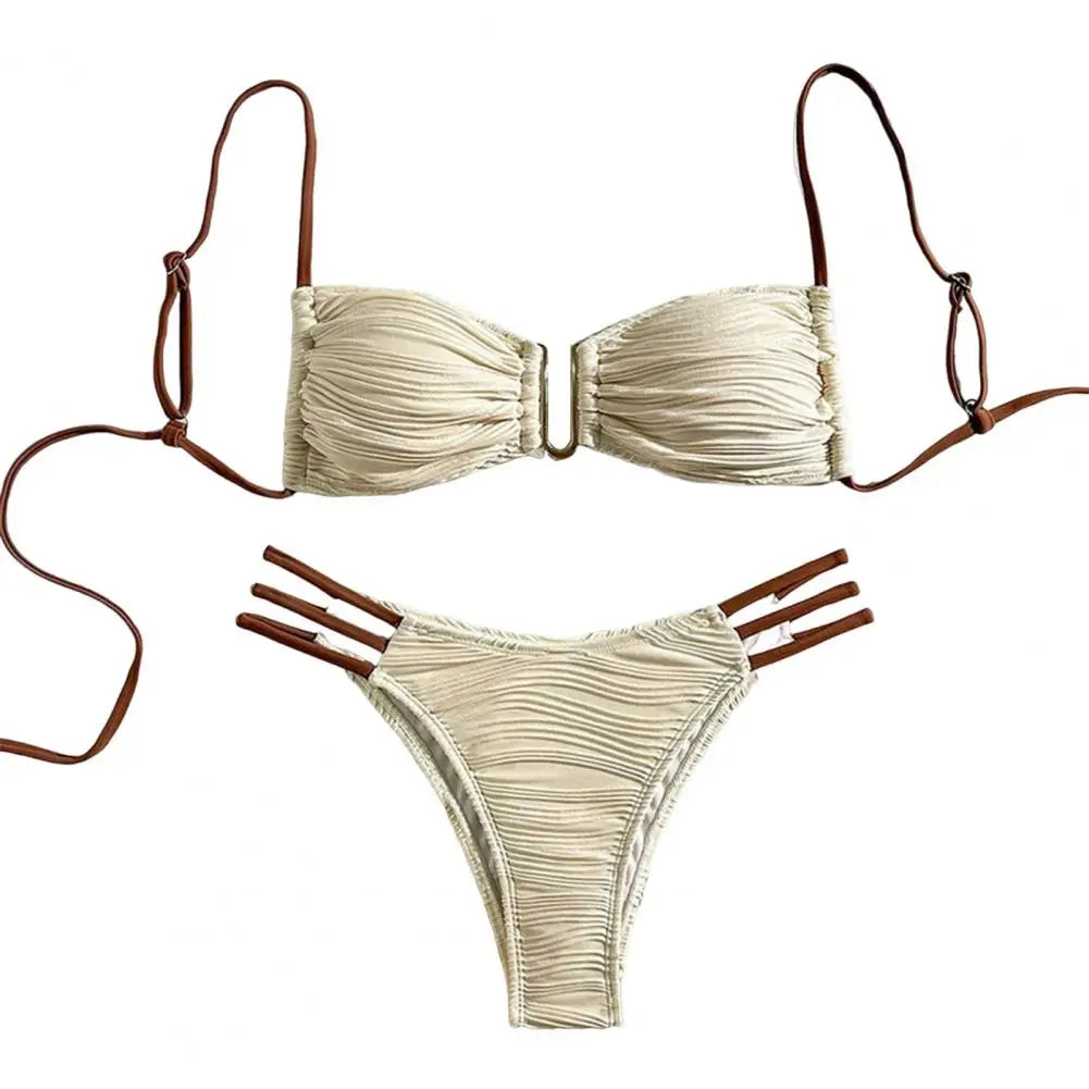 2 pezzi/set donna costume da bagno diviso bikini set fionda fascia reggiseno imbottito texture antirughe slip set moda costumi da bagno sexy
