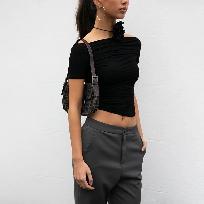 Summer New Women T-shirt Sexy Short Sleeve Solid Fashion Tees Slash Neck Folds Crop Top Casual Streetwear Bodycon Female T-shirt