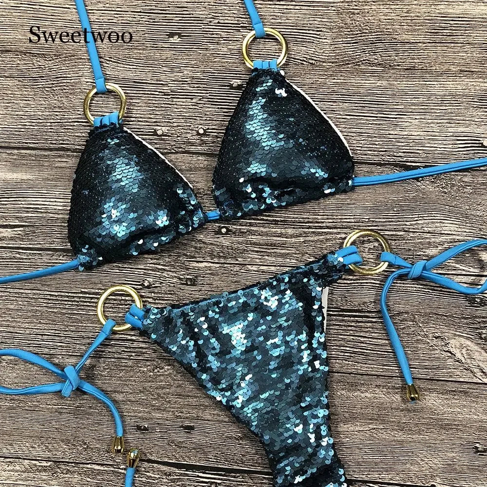 Solide Bikini Sexy Badeanzug Neckholder Bademode Damen Bling Pailletten Bikini Set Strandbekleidung Dropshipping Monokini Glitter