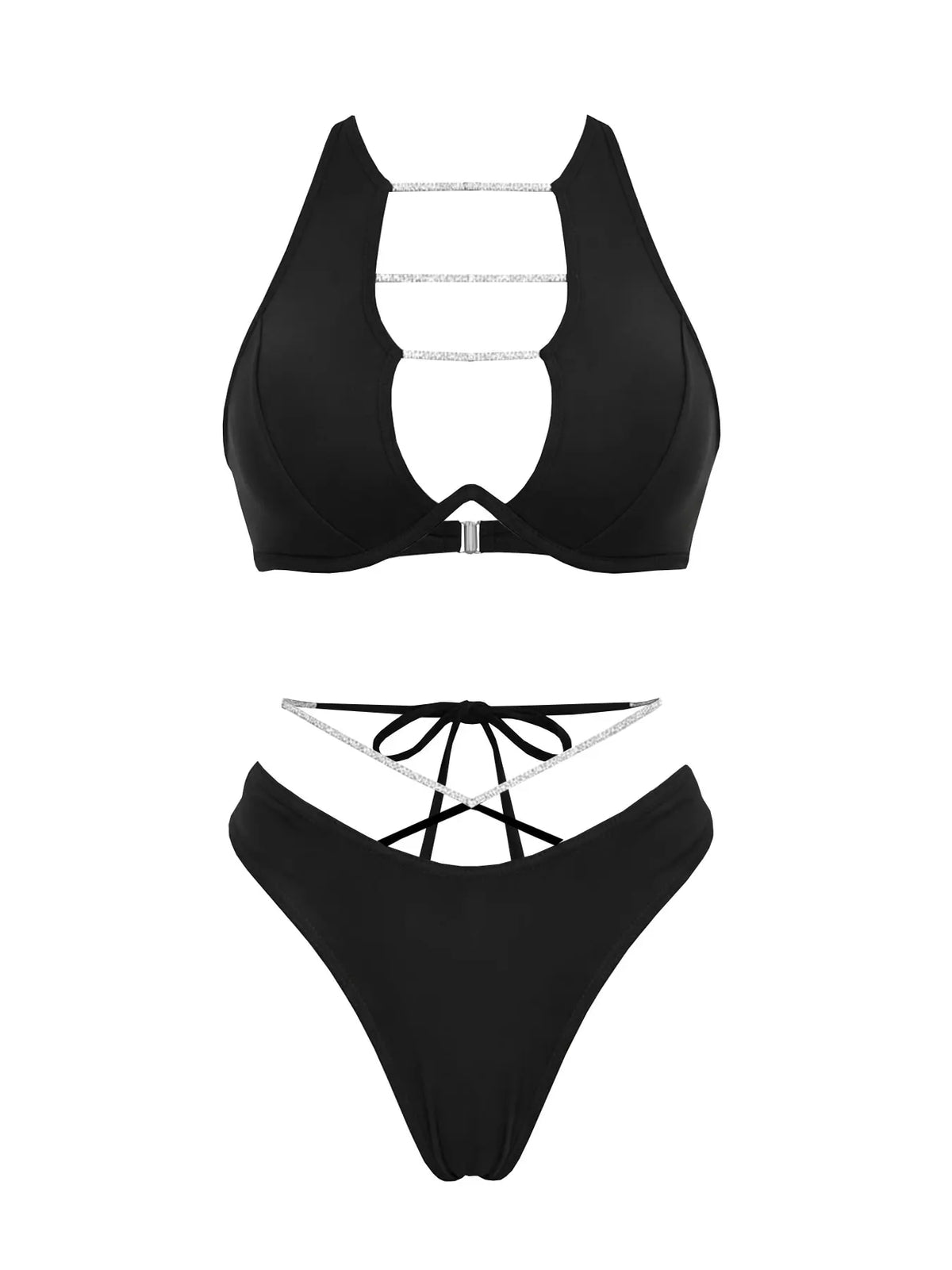 Chic Bandage Bikini mit glänzendem Minirock Damen 3-teiliger Badeanzug Sexy Cut Out Biquini Lady Bademode Badeanzug Weibliche Strandmode