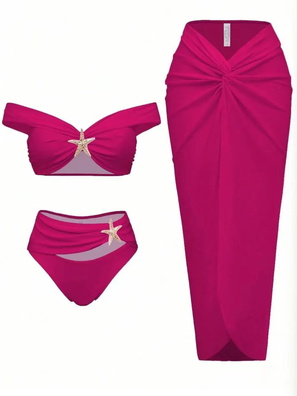 Damen Sexy Bikini Set Beachwear Metallic Seestern Bikini Falten Lange Röcke Dreiteilige Sets Hot Girl Urlaubsstil Badeanzug