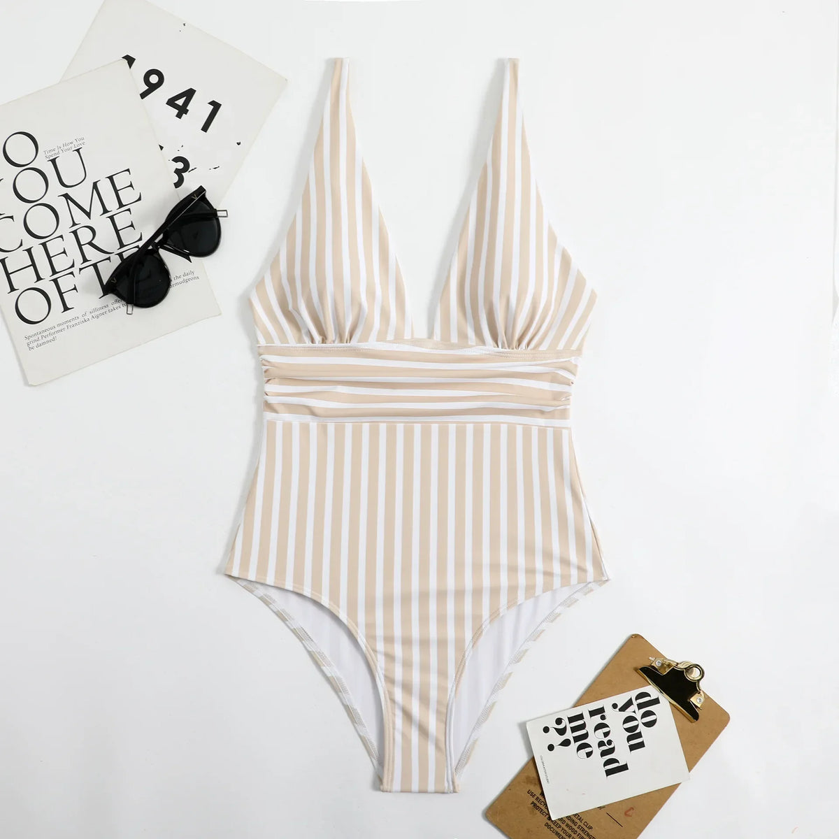 Trendy Badeanzug Einteiler Streifen Bademode Damen Push-up Badeanzug Strandmode Badekleidung Badeanzug
