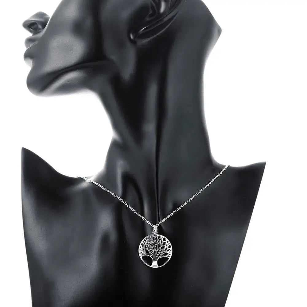 Parure de bijoux pour femme, couleur argent, style rétro, avec pendentif rond représentant un arbre, collier et boucles d'oreilles, mode, fête, mariage, cadeaux de vacances