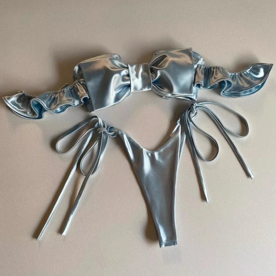 Sexy 2-teiliger rosa Bandeau-Bikini 2024 Damen Bademode Tanga-Badeanzug Große Schleife Bikinis Rüschen Koreanische Strandbekleidung Y2K Badeanzug