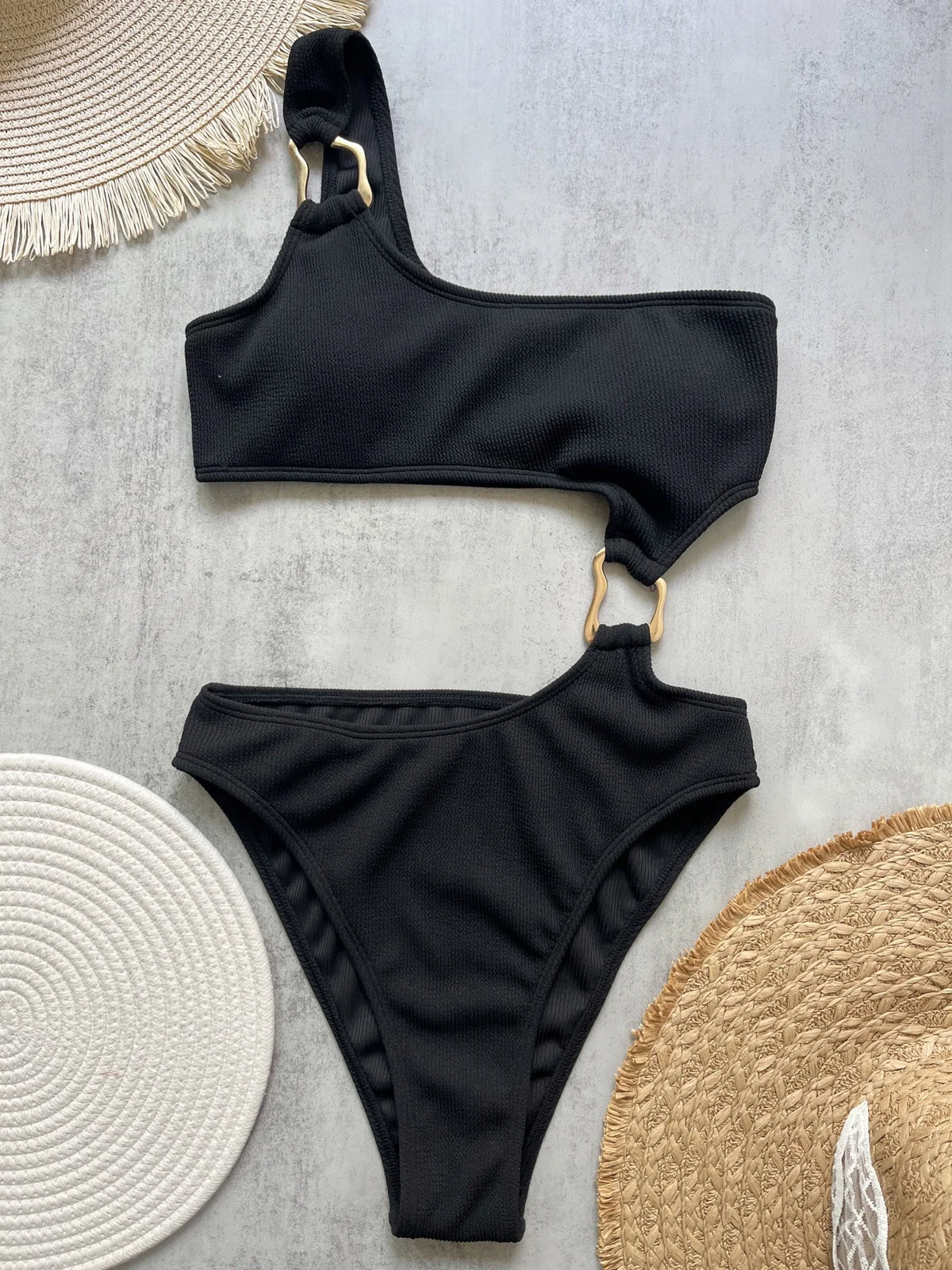 Maillot de bain une pièce pour femme, découpe anneau, coupe haute, coupe effrontée, monokini, maillot de bain une épaule côtelé