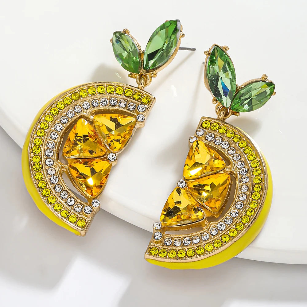 Boucles d'oreilles citron colorées en strass pour l'été, boucles d'oreilles pendantes tendance fruit en cristal pour femmes, cadeau de vacances, bijoux mignons de fête