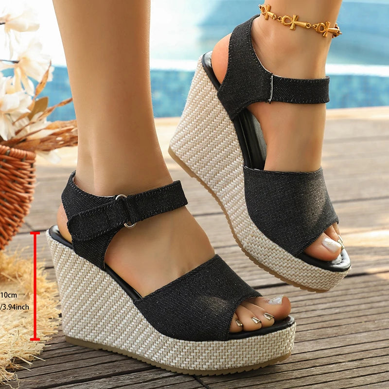 Sandales d'été compensées à talon haut pour femmes, Talon super haut 10 cm, Sandales décontractées à lanière de cheville et plateforme, Grandes tailles 43