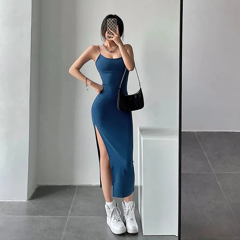 Rimocy Abito lungo sexy con spacco alto per donna Abito estivo aderente senza maniche senza schienale Donna Vacanza Spiaggia Abiti con cinturino per spaghetti