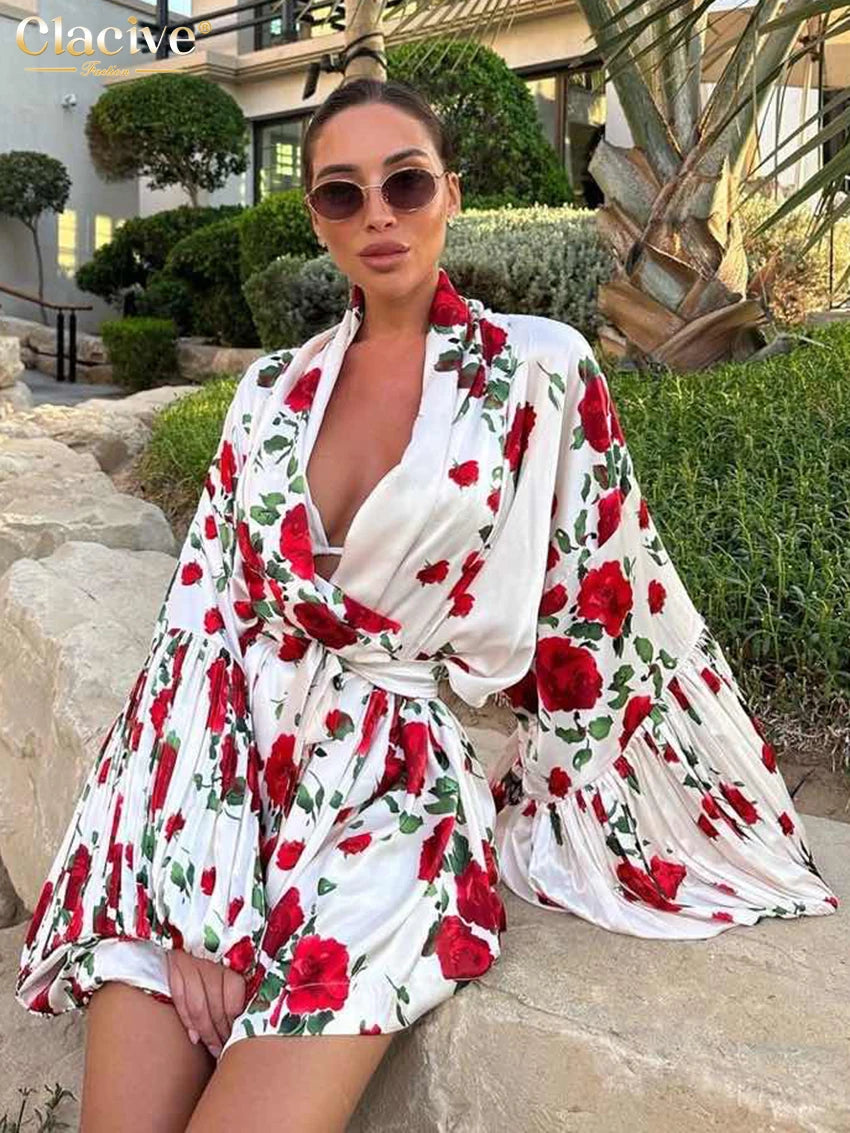Clacive Fashion Abiti da donna con stampa allentata 2025 Mini abito sexy a maniche lunghe con cappuccio Elegante abito classico con lacci Abbigliamento femminile