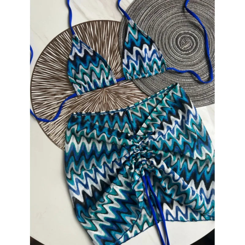 Costume da bagno estivo da donna nuovo, bikini lavorato a maglia in 3 pezzi con costumi da bagno con copertura avvolgente e scollo all'americana per le vacanze al mare
