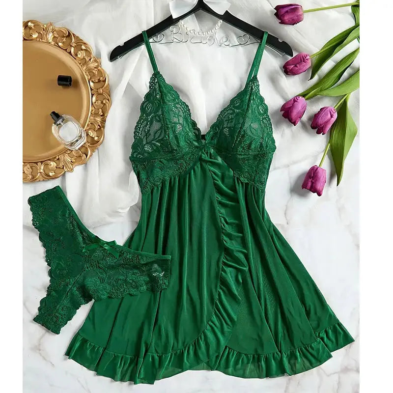 Sommer Sexy Dessouskleid Damen Spitze Durchsichtig Nachthemd Nachtwäsche Einfarbig Schmal Weich V-Ausschnitt Full Slip Nachtwäsche & Kleider