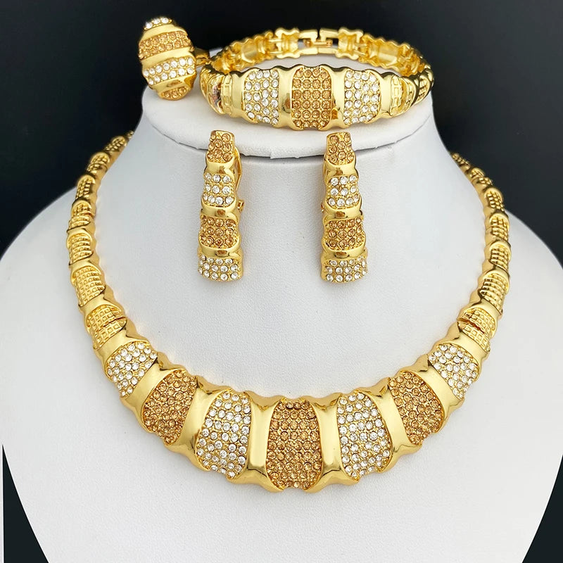 Ensemble de bijoux de Dubaï pour femme, collier, boucles d'oreilles, bracelet et bague de luxe plaqués or 18 carats, bijoux tendance pour mariage et fête