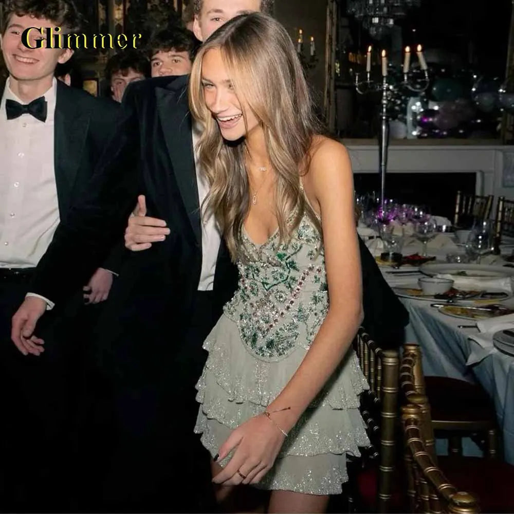 Glimmer Chic Mini abiti da cocktail a trapezio con strass Cinghie per spaghetti Abiti da festa corti Abito da festa formale personalizzato
