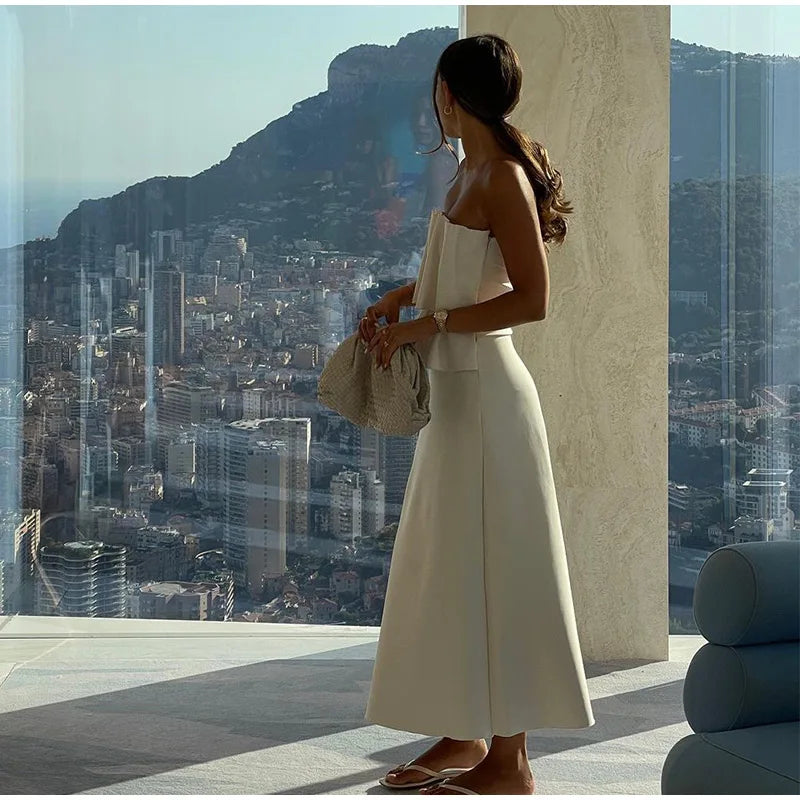 Abito lungo senza spalline con pieghe a strati sexy Abito da donna slim fit con spalle scoperte Abito senza maniche a trapezio Abito da sera estivo femminile