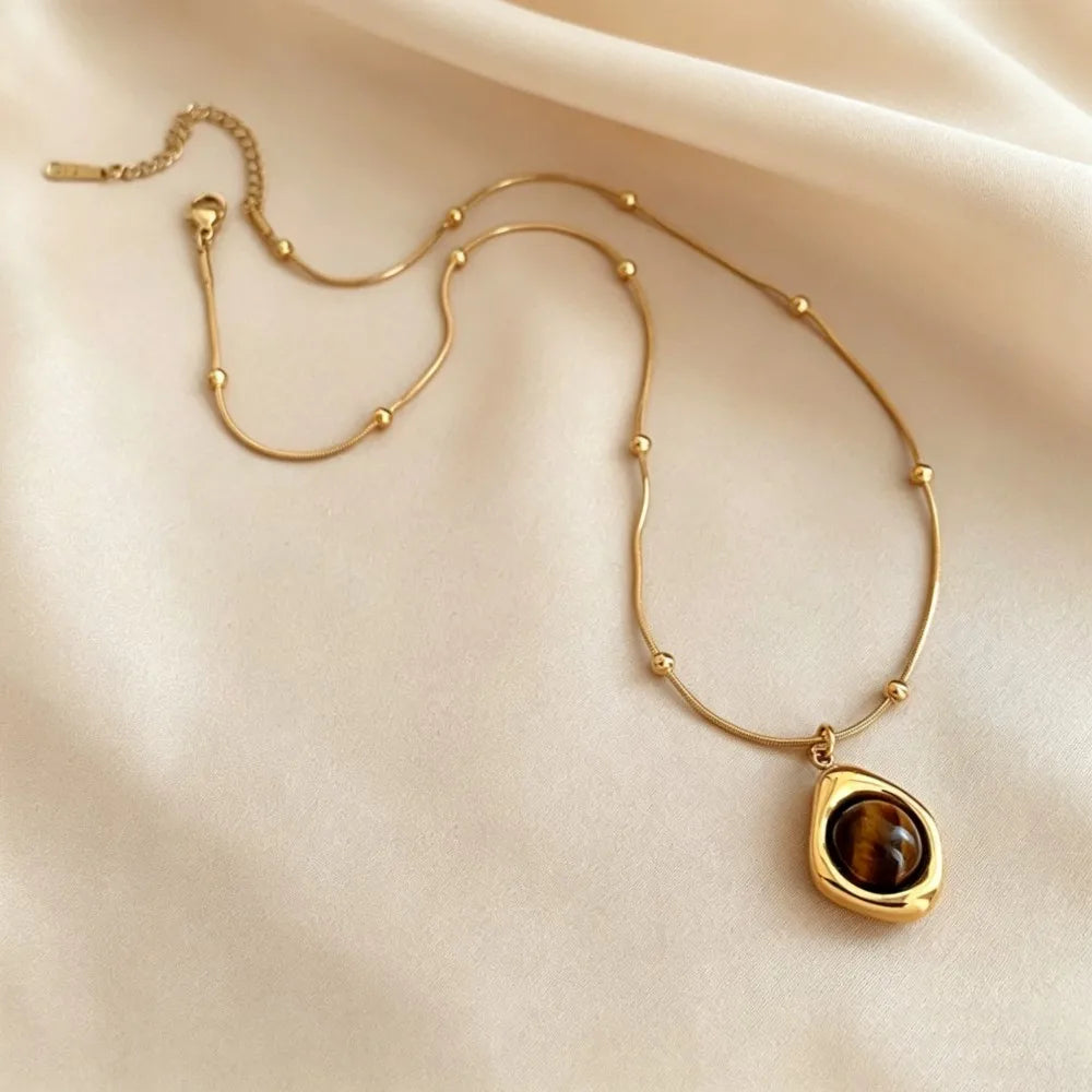 Collana con ciondolo a strati in pietra occhio di tigre stile retrò per donna, set di gioielli con catena a clavicola in acciaio inossidabile